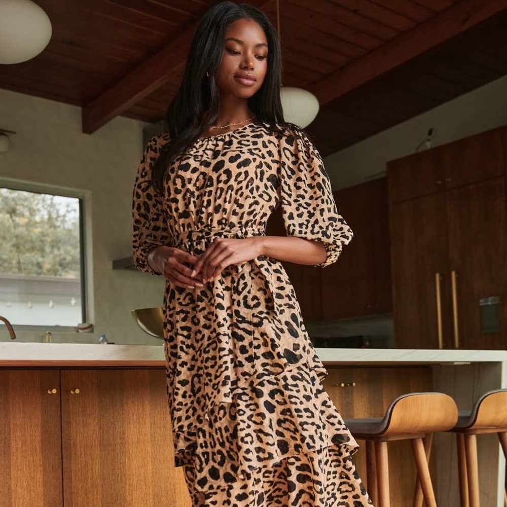 Leopard Asymmetrical Ruffle Midi Dress by Sugarlips